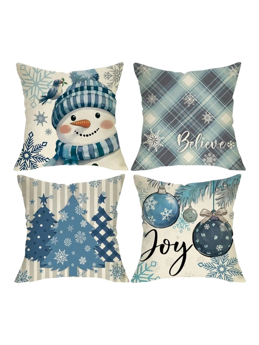 Holiday Snowman & Plaid Blue Decorative Throw Pillow Covers - Set of 4. NEW.
